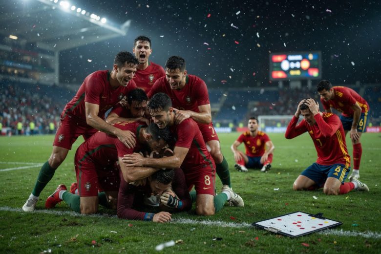 Portugal celebrate a penalty-shootout win over Spain under night stadium lights; dejected Spaniards and