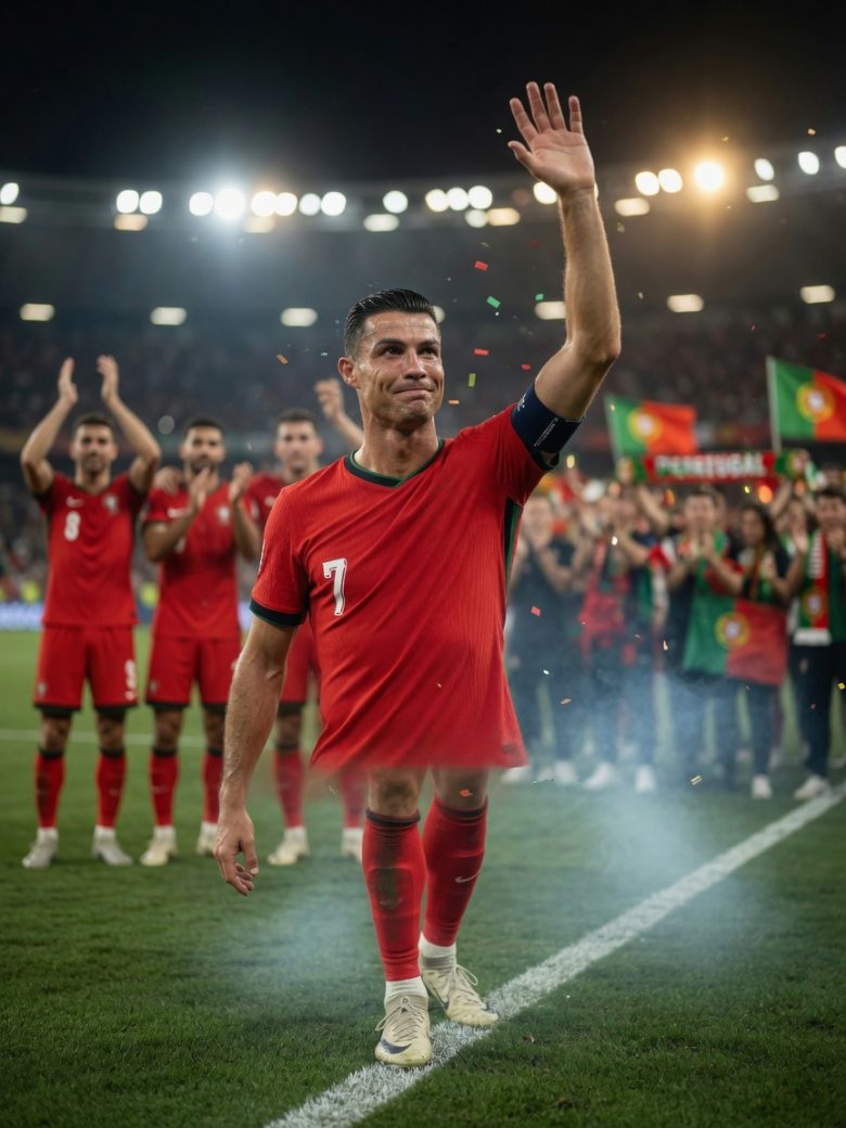 Cristiano Ronaldo in a plain Portugal-red kit waves goodbye near the touchline after his