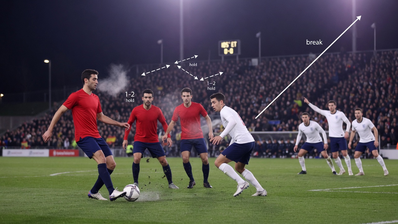 Nighttime sports photo: Spain vs England. A Spanish midfielder in red shields the ball