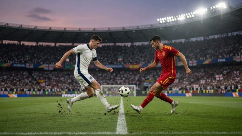 Two anonymous footballers—one in white/navy for England and one in red/yellow for Spain—rush toward