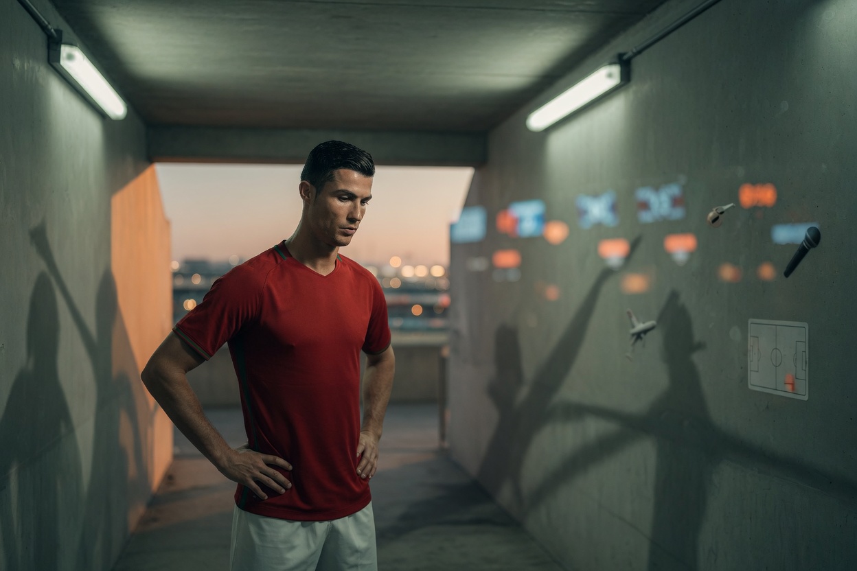 Editorial portrait of Cristiano Ronaldo in a Houston stadium tunnel at dusk, thoughtful, with