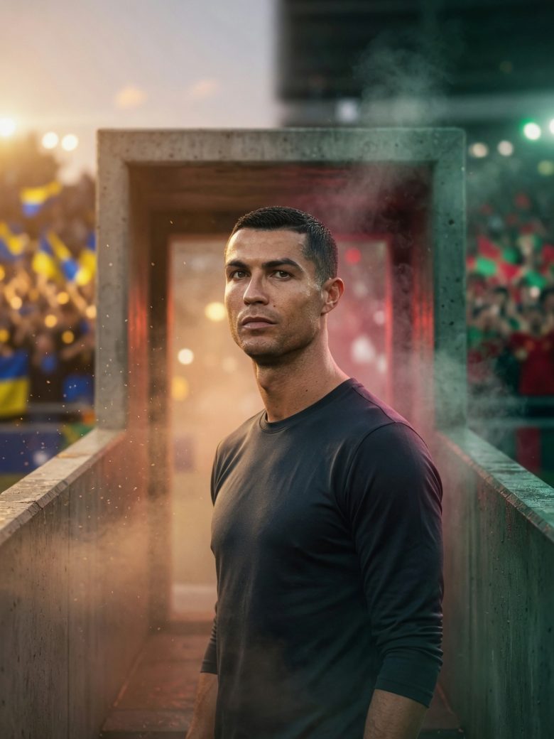 Editorial, photo-realistic portrait of Cristiano Ronaldo in a stadium tunnel, lit between warm yellow–blue