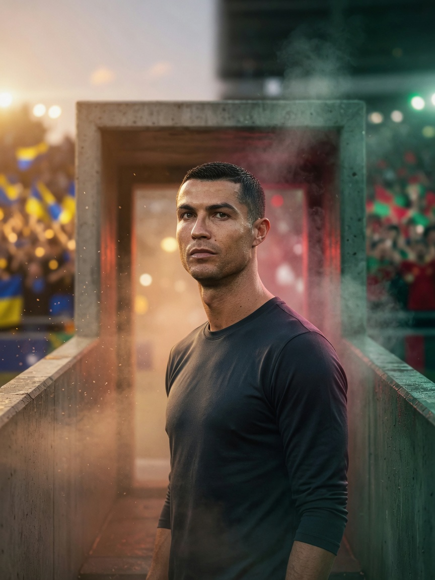 Editorial, photo-realistic portrait of Cristiano Ronaldo in a stadium tunnel, lit between warm yellow–blue
