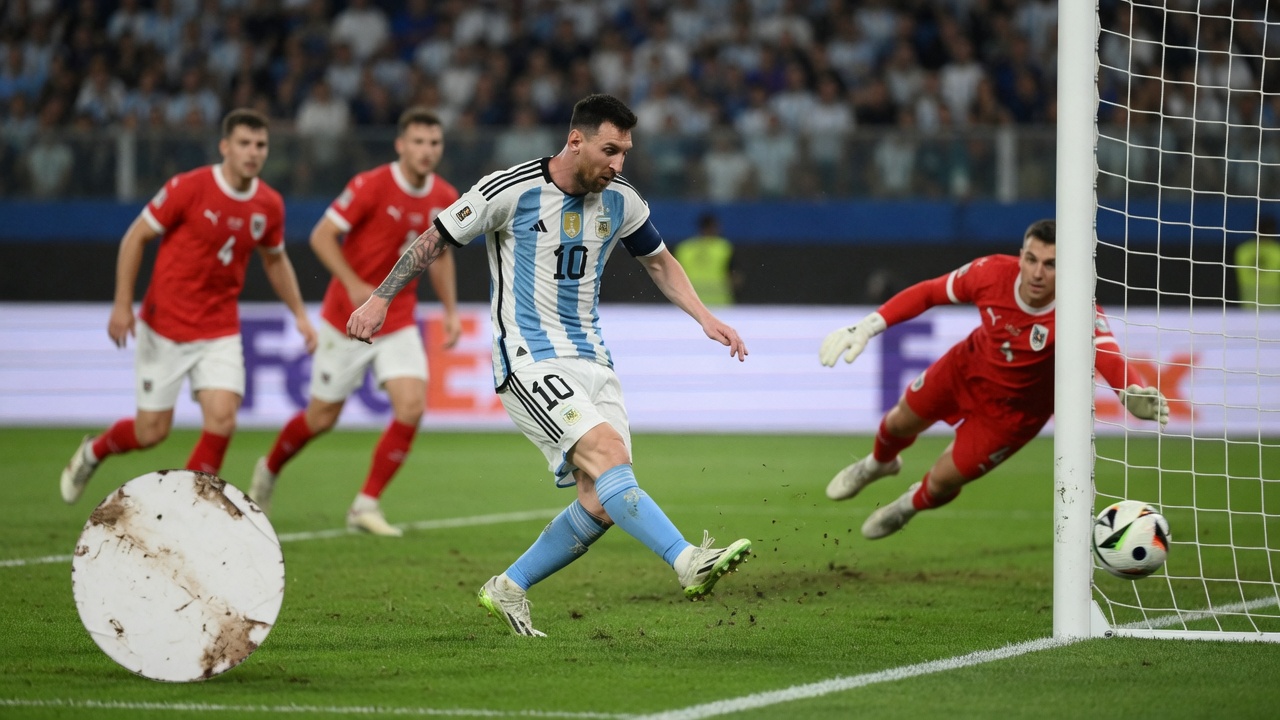 Alternative: tight mid-game portrait of a 39-year-old Lionel Messi under stadium lights—sweat, gray stubble,