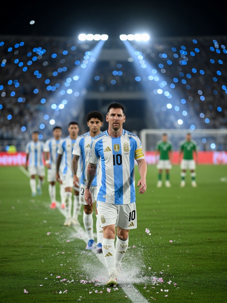 Lionel Messi leads Argentina onto a night-lit pitch, number 10 and captains armband visible,