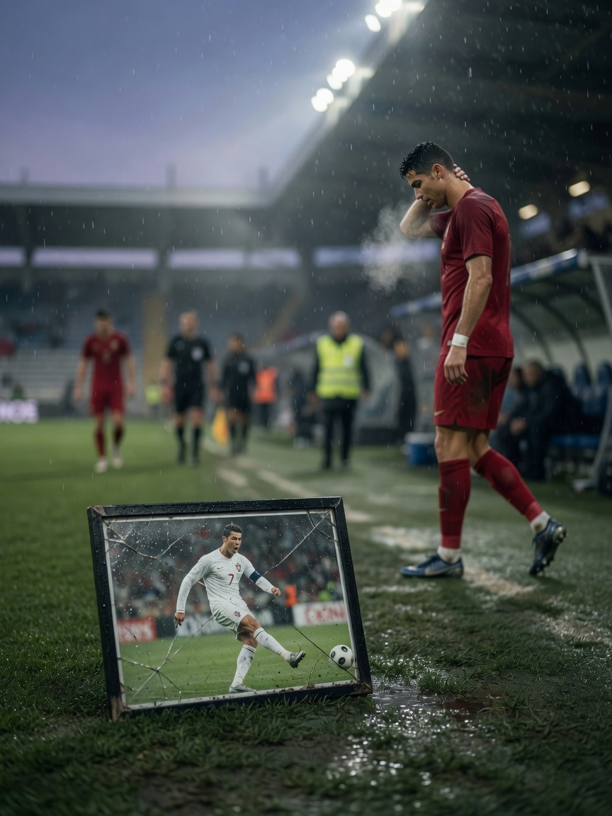 Low-angle photo of a cracked framed photo of a young Cristiano Ronaldo on wet