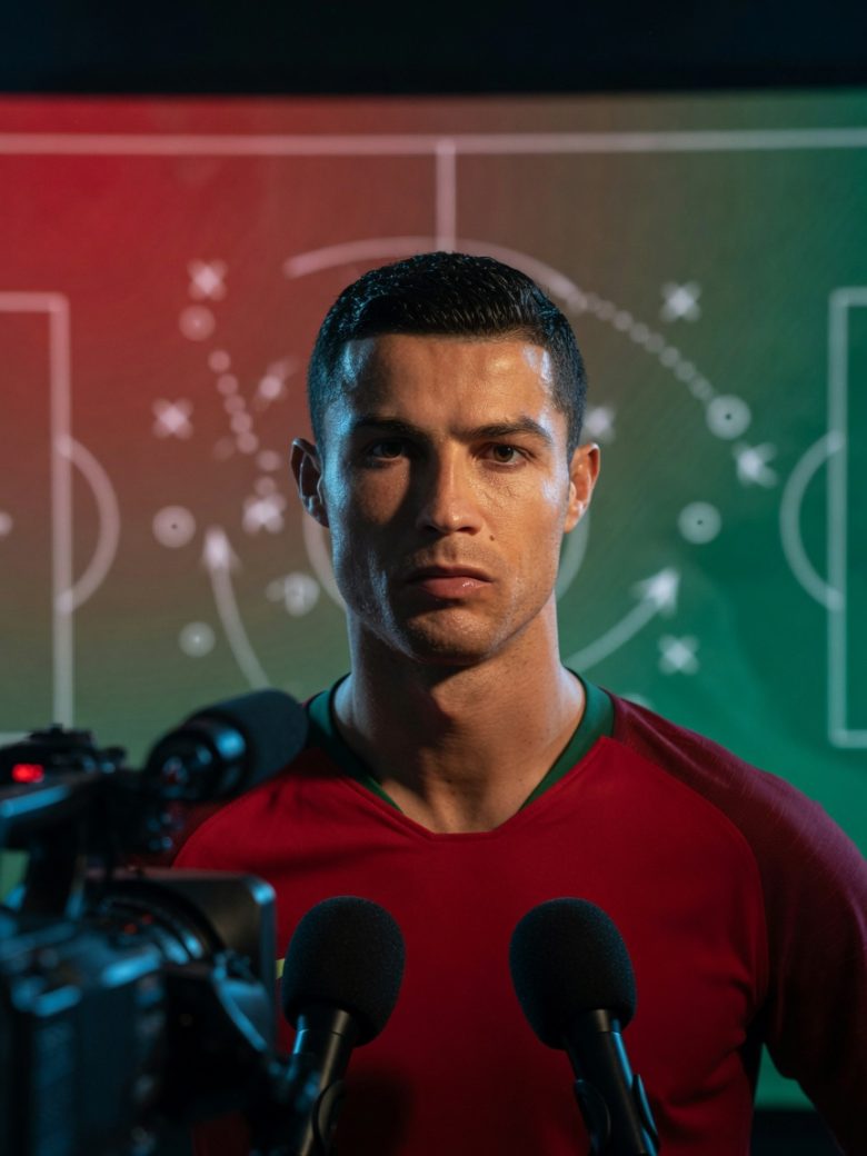 Cristiano Ronaldo, defiant in a TV studio after Portugal’s elimination, medium shot, plain red