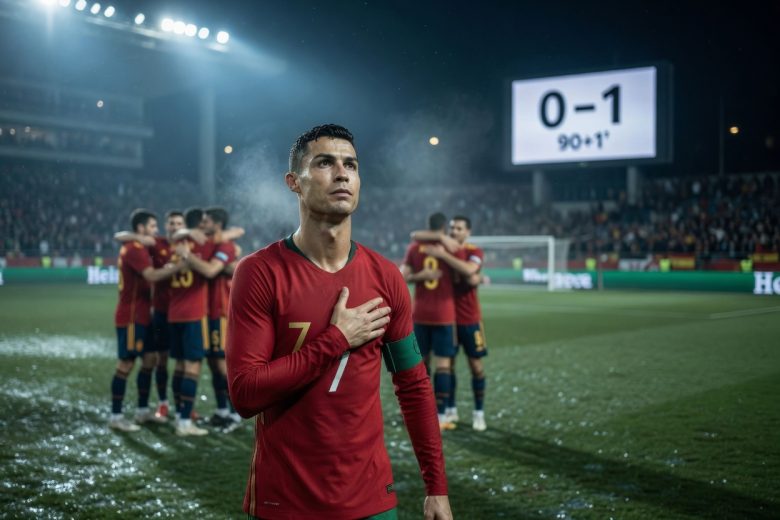 Alternative framing: Low-angle full-body shot at midfield, Ronaldo in a generic red Portugal kit