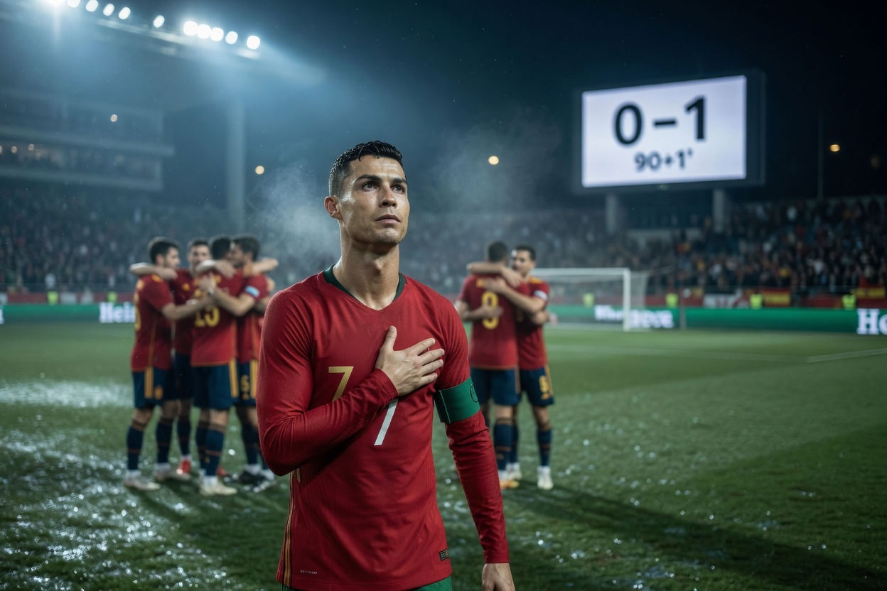 Alternative framing: Low-angle full-body shot at midfield, Ronaldo in a generic red Portugal kit