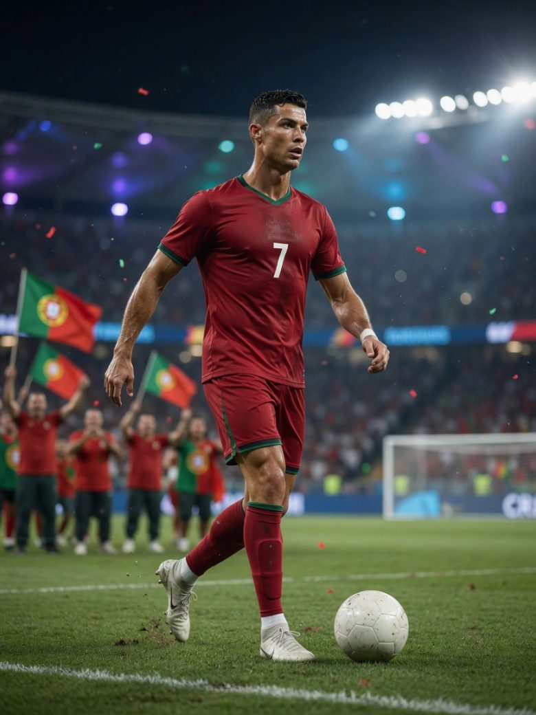Cristiano Ronaldo in a generic red Portugal kit, mid-step like a final dance under