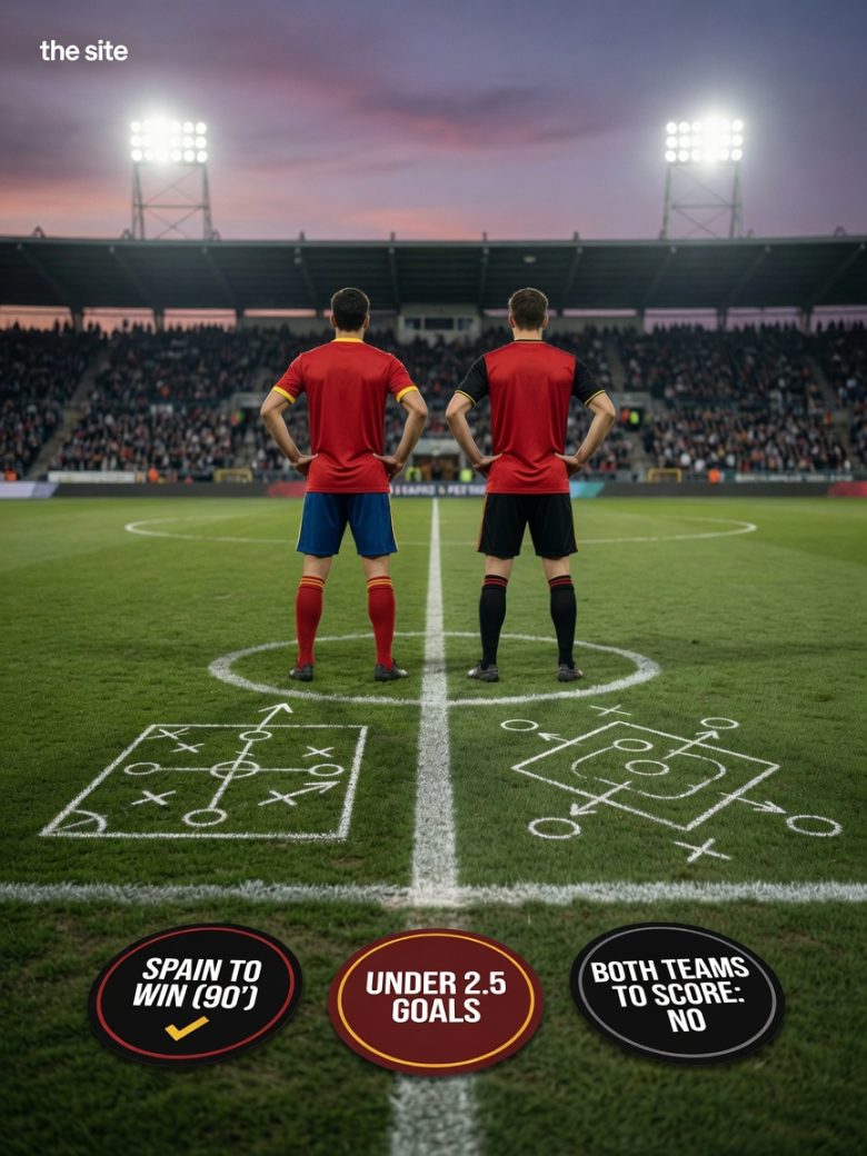 Dramatic stadium photo at dusk showing two anonymous players in Spain and Belgium colors
