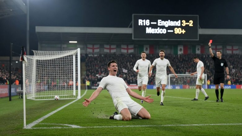 Pitch-side editorial photo: England players in white celebrate a late 3–2 Round of 16