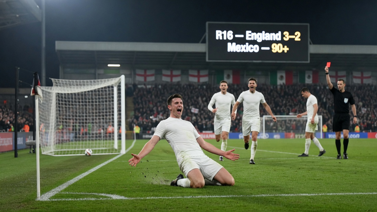 Pitch-side editorial photo: England players in white celebrate a late 3–2 Round of 16