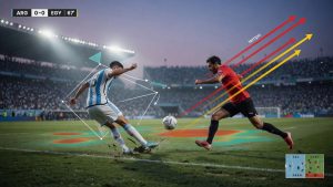 Photographic still of Argentina vs Egypt with subtle tactical overlays showing technique vs tempo