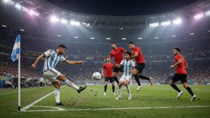 Argentina vs Egypt football still in Atlanta at night: Argentine winger crossing from the