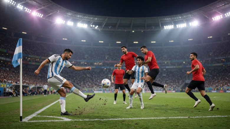 Argentina vs Egypt football still in Atlanta at night: Argentine winger crossing from the