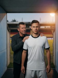 Joshua Kimmich in an unbranded Germany kit stands determined at a stadium tunnel, with