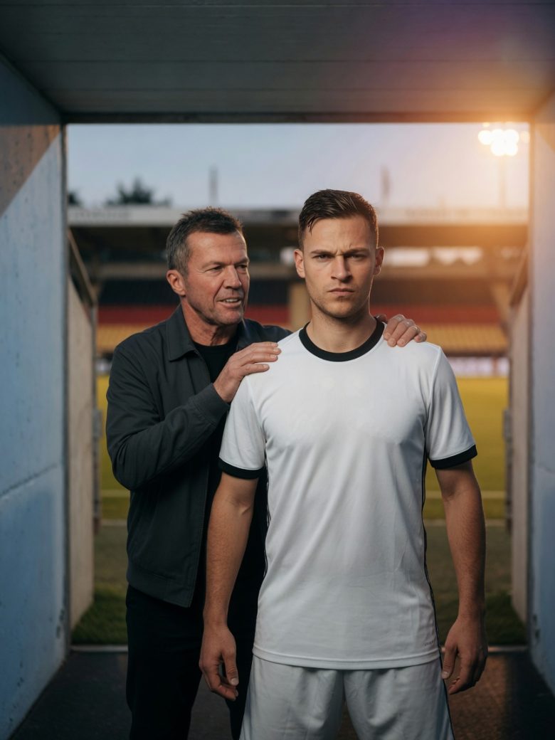 Joshua Kimmich in an unbranded Germany kit stands determined at a stadium tunnel, with