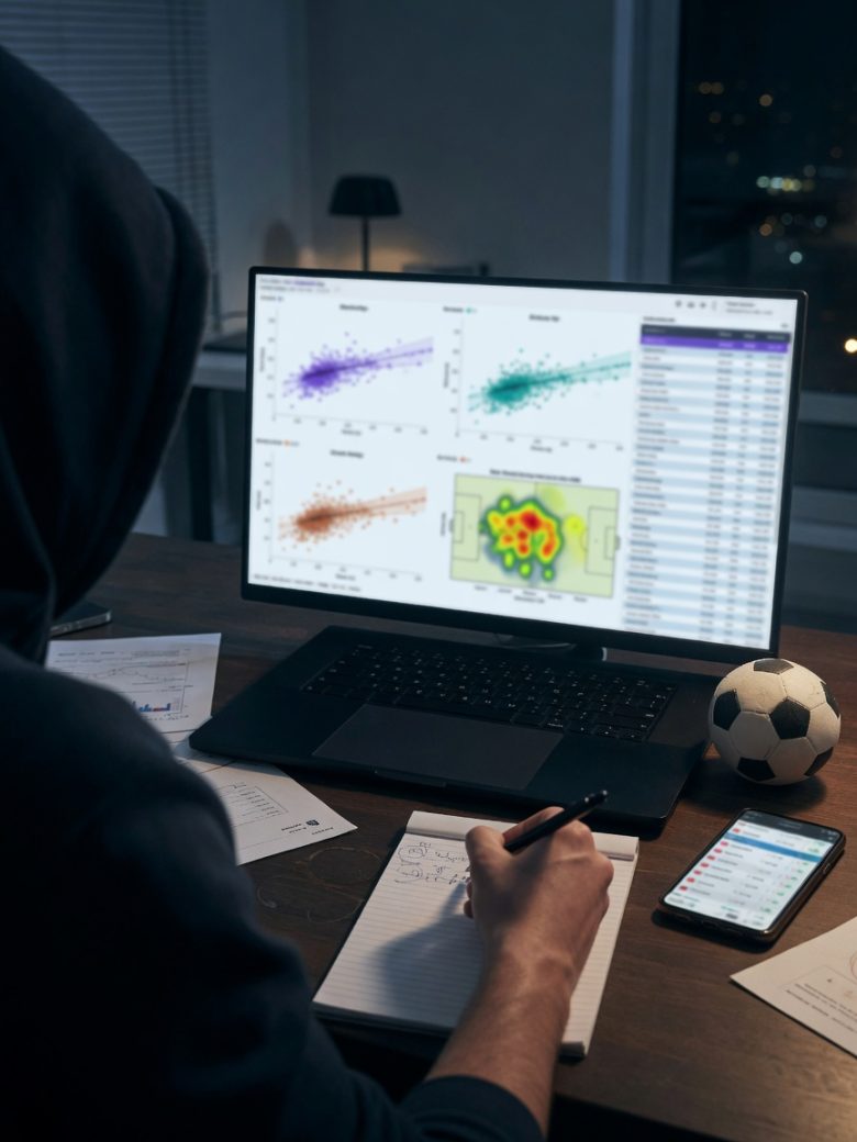 Fotorealistischer Schreibtisch mit WM 2026 Wett-Analysen, xG-Grafiken auf Laptop und Smartphone
