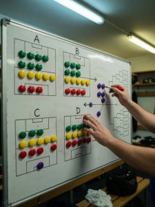 Trainer ordnet Magnete auf Taktiktafel zur erweiterten WM 2026 mit 48 Teams.